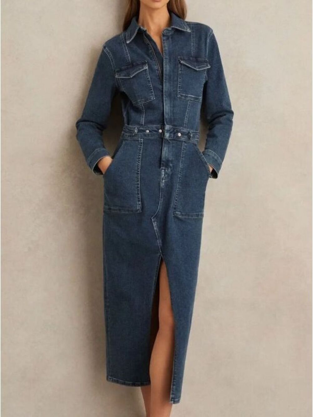 Good American Fit For Success Denim Midi Dress Size M Dark Wash Utility